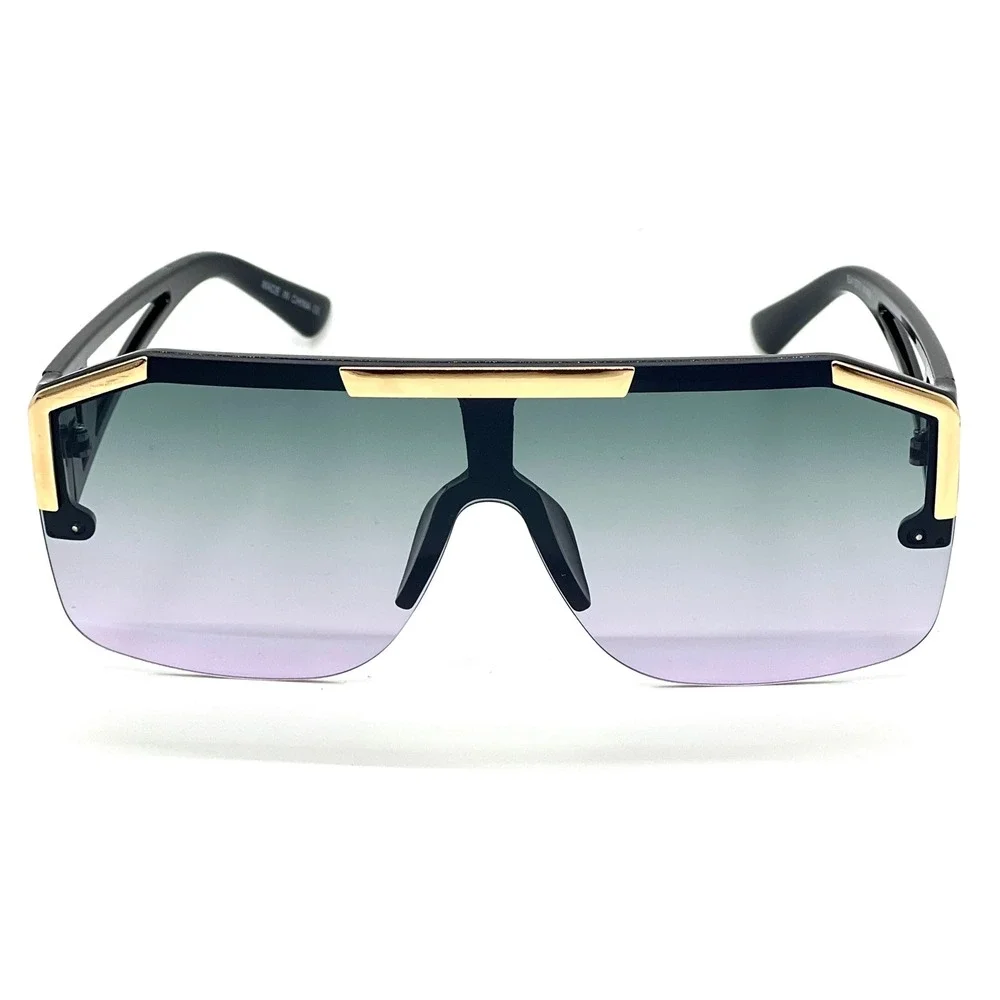Mens Oversized Shield Sunglasses Black Gold Flat Top Gradient Lens Bold Chic New